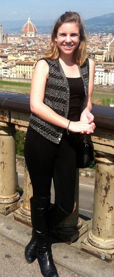 Kelsey Champagne with Oxford skyline in the background