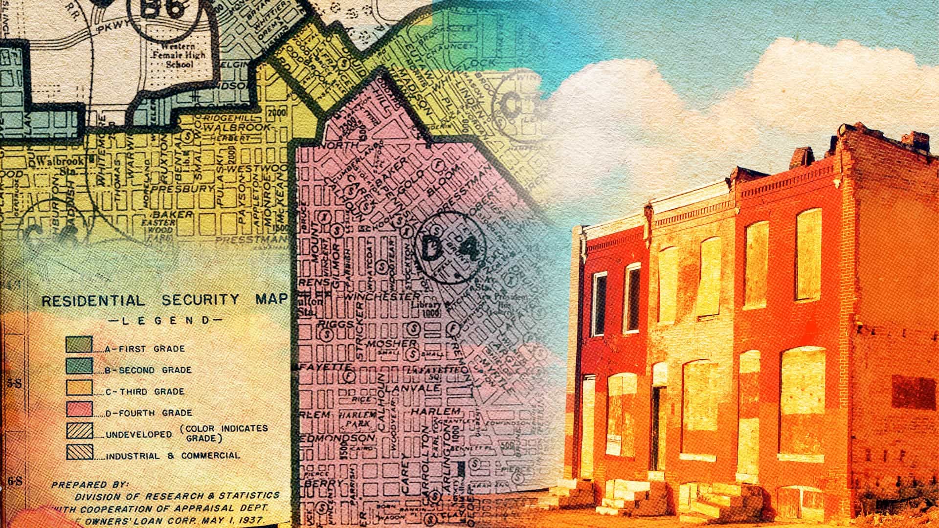 a collage of images of 1937 residential security map and abandoned rowhomes