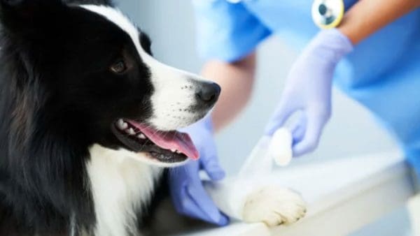 close-up profile of black and white dog, blurred vet tech in background bandaging paw