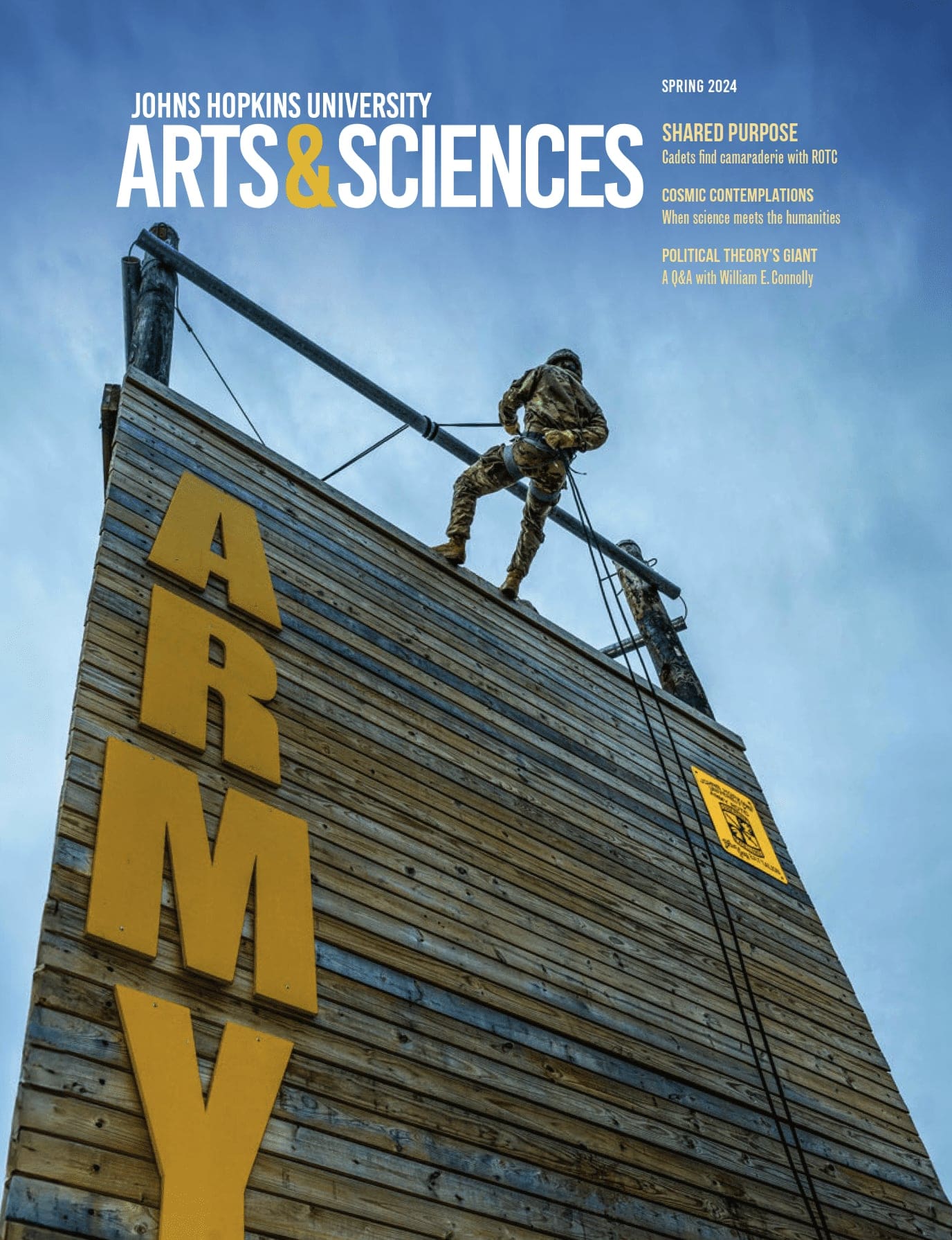 Spring 2024 cover showing an ROTC cadet climbing a wooden wall with ARMY in large letters down the side