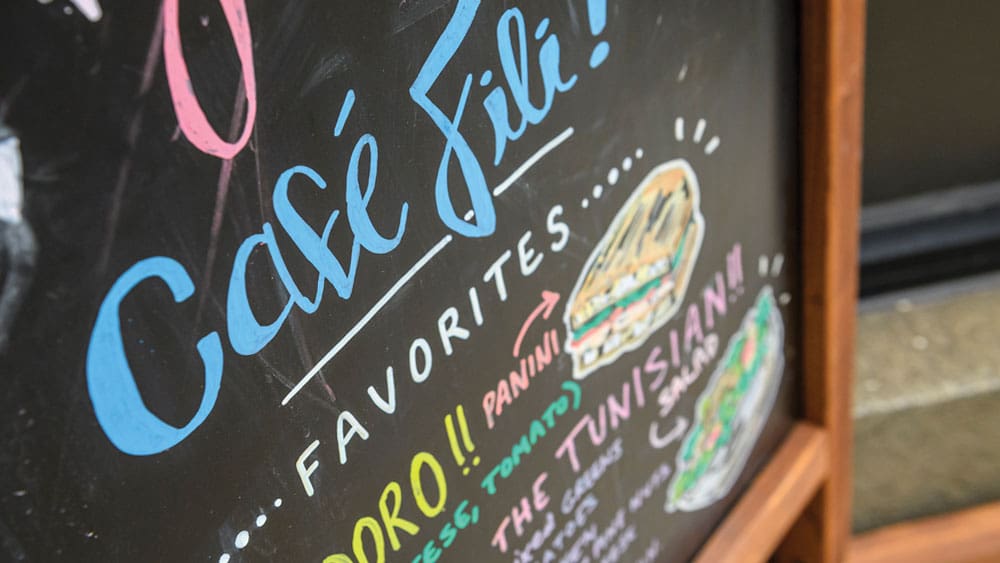close-up of Café Fili chalkboard menu