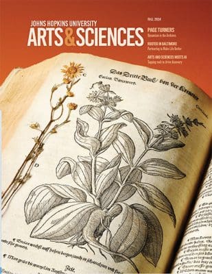 Fall 2024 cover showing an antique book open to an illustration of a plant with a yellow flower pressed into the page.