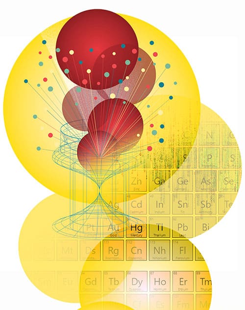 conceptual illustration with periodic table of elements, geometric shapes, lines