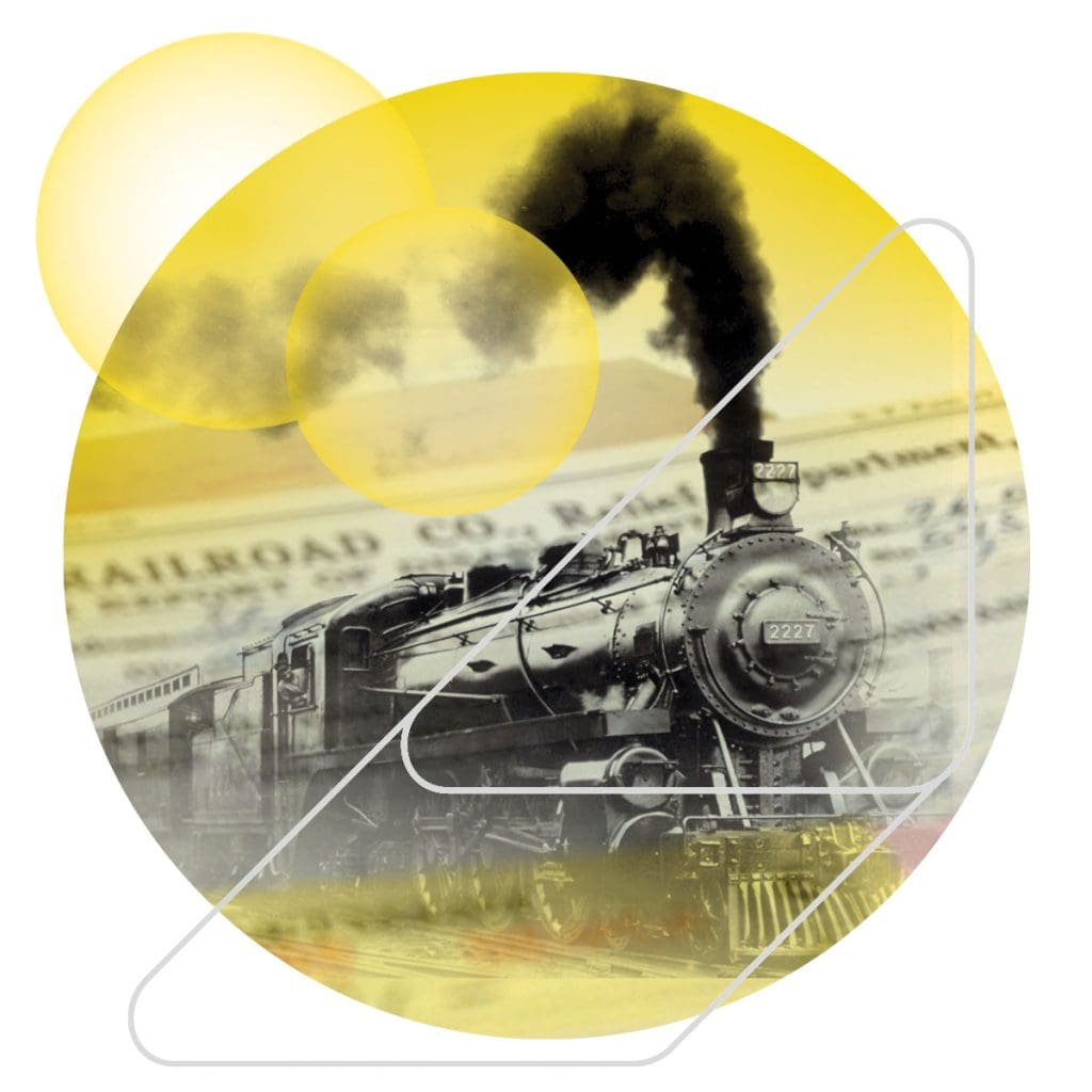 conceptual illustration of a steam train in front of a newspaper headline