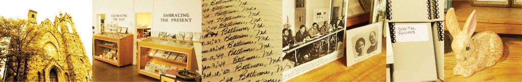 collage of images from the metropolitan church museum  including church spires, cases with documents, handwritten logs, black and white images of Black men and women in suits, and a clay bunny.