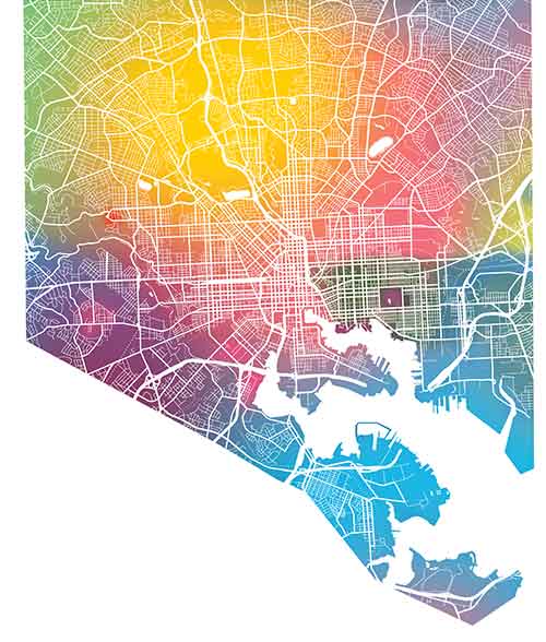 map silhouette of baltimore filled spectrum of colors