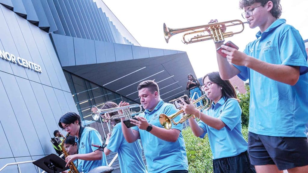 JHU Pep band playing in front of rec center