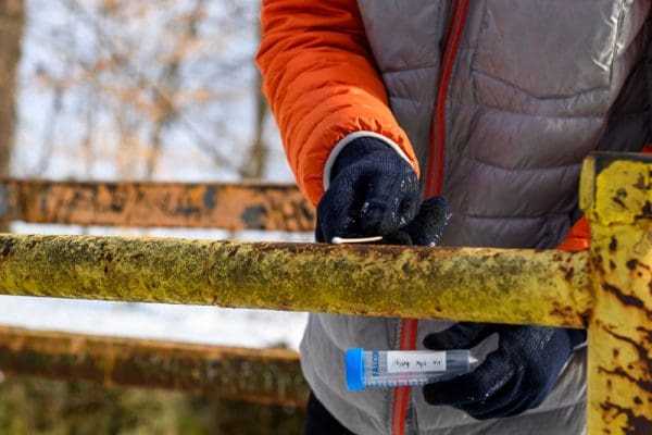 Student in winter jacket scraping bridge railing for microbes.