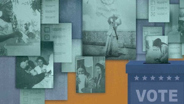 Collage of historical photos of women voting by Grace Toscano, Photo sources: Library of Congress, Alama, and AdobeStock.