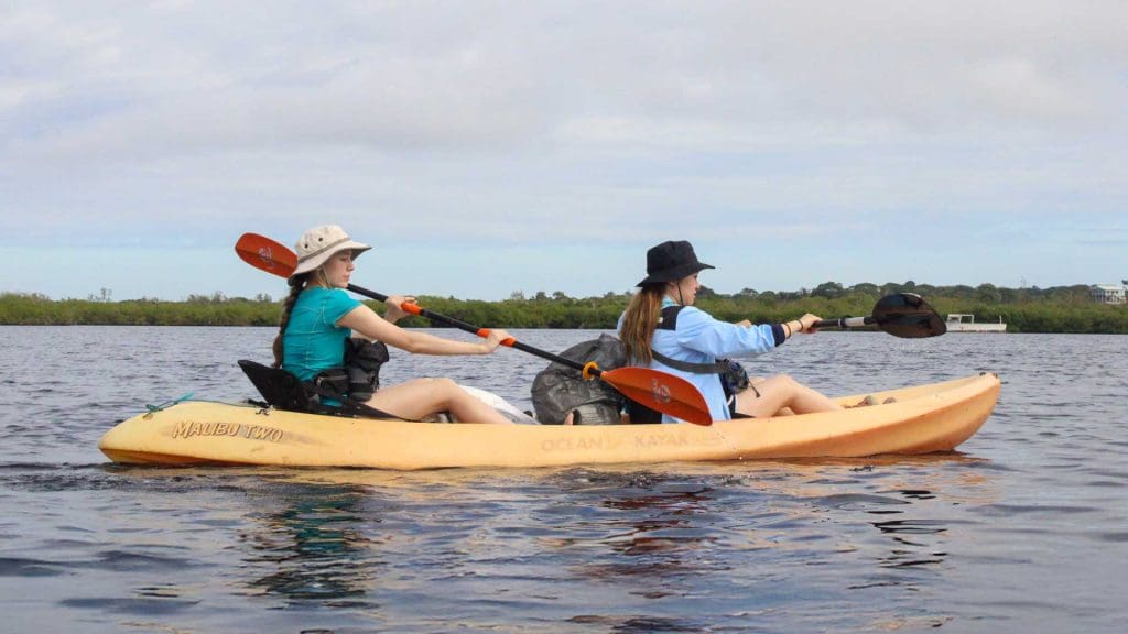 two people paddling a yellow kayak