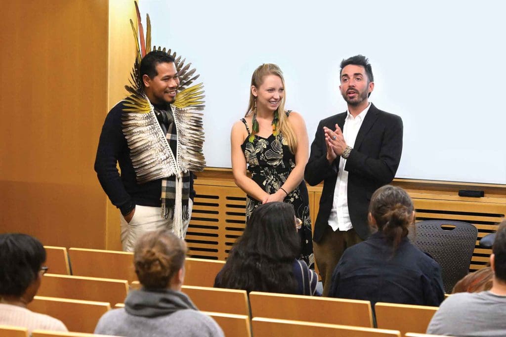 Rob Grobman and two fellow filmmakers giving a talk on campus.