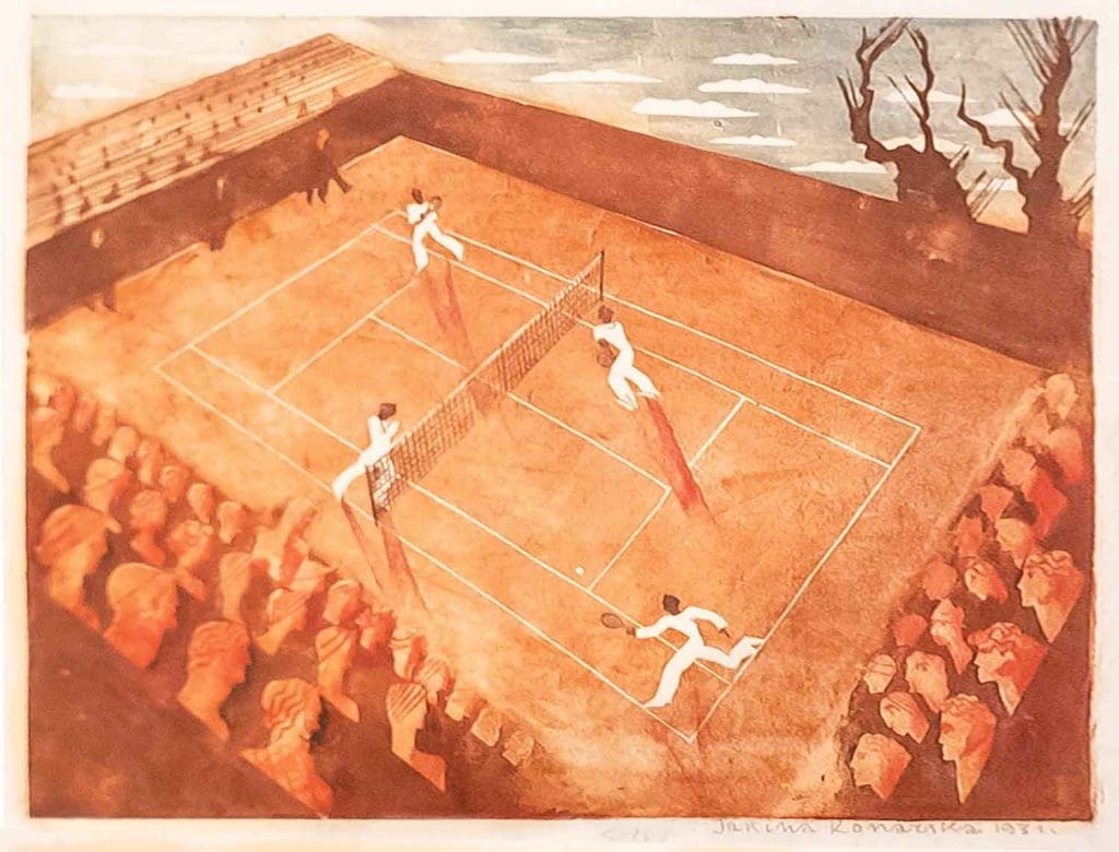 Inset print of "Tennis" by Janina Konarska showing four geometric figures in white playing tennis on an ochre court surrounded by two-dimensional faces