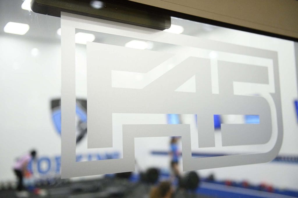 F45 on a Rec Center window.
