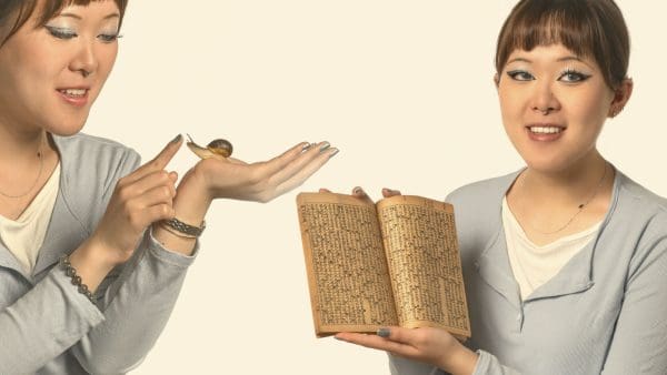Two photos of Marie Wei juxtaposed: one of her holding a snail and the other of her holding an antique Chinese book.