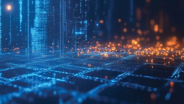 Blue digital binary data on computer screen background