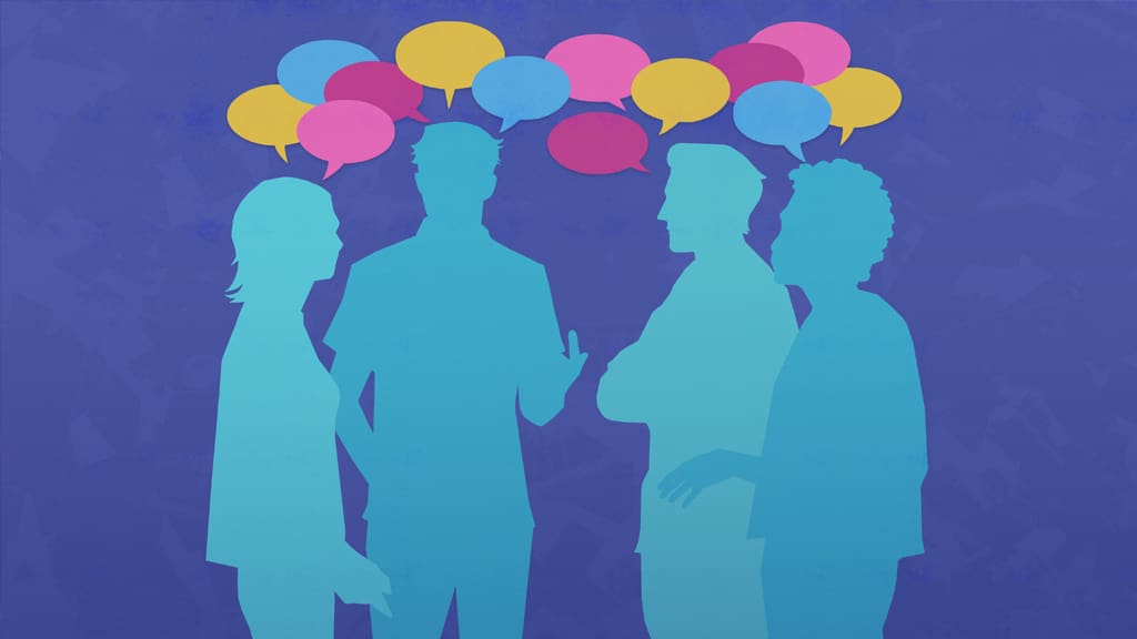 Illustration of four figures talking in a group, there are multicolored speech bubbles above their heads.