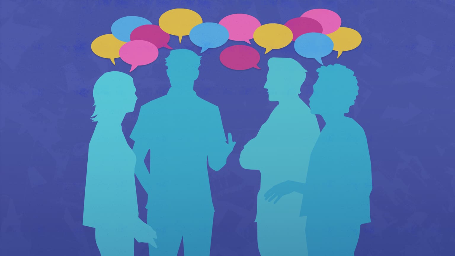Illustration of four figures talking in a group, there are multicolored speech bubbles above their heads.