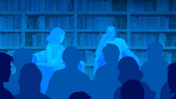 Illustration of people gathered in a library watching two people speak.