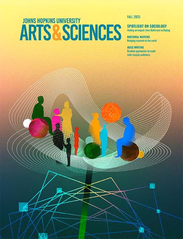 magazine cover with illustrations of people moving around in conversation