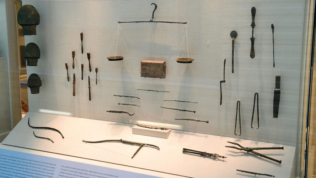 A Roman surgical kit on display.