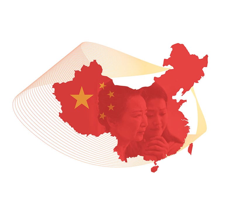 A graphic of a map of China with the flag on it as well as two women in a low opacity.