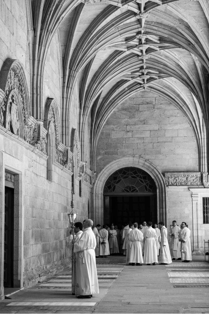 Priests line up for Mass at the Cathedral of Santiago de Compostela, Spain, 2023.