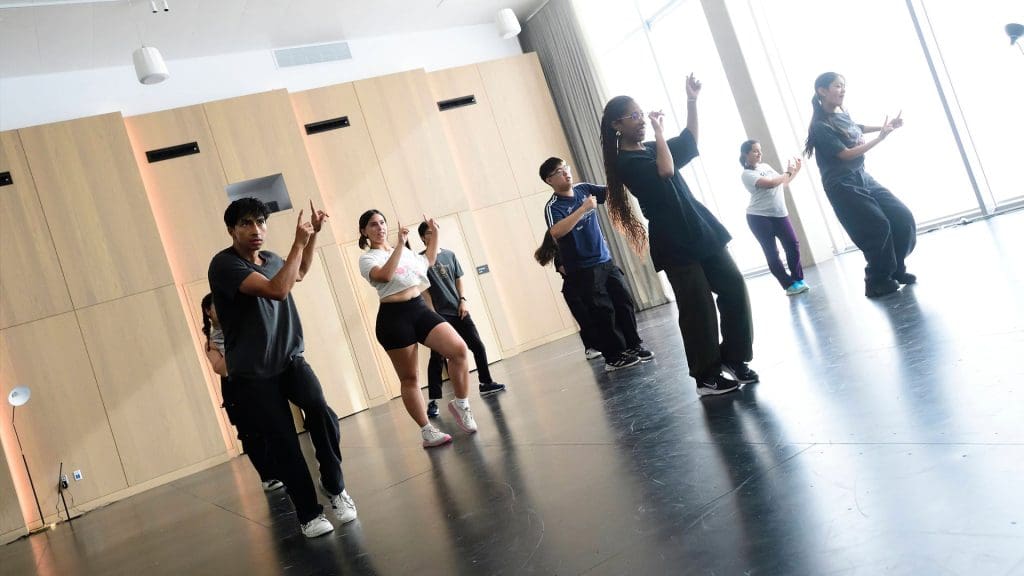 Students using one of the dance rooms at The Bloomberg Student Center.
