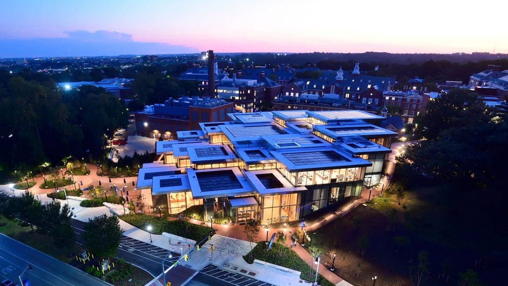 Aerial view of The Bloomberg Student Center.