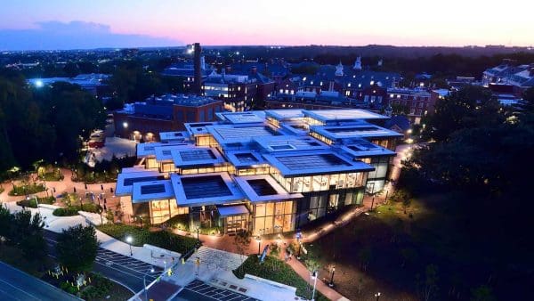 Aerial view of The Bloomberg Student Center.