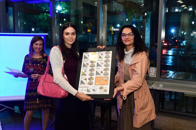 Graduate student Samira Tavassoli holding the Flash Fiction poster with Helen Lacy (JHU Alum '23).