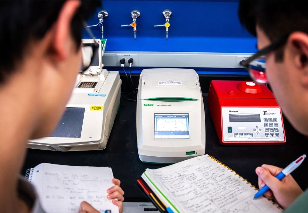 Two students working
on a lab project in
“Composing the Gene.”