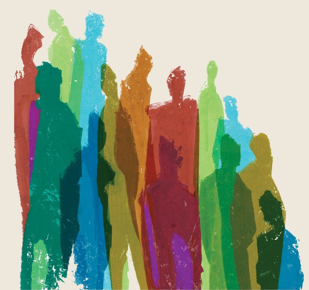 Painted textured blobs that look like multicolored figures.