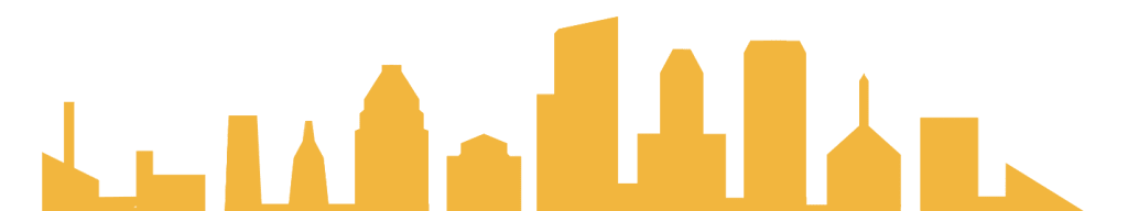 Illustrated silhouette of a city skyline in yellow.