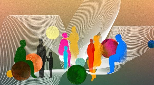 Illustration of multicolored figures with abstract shapes around them.