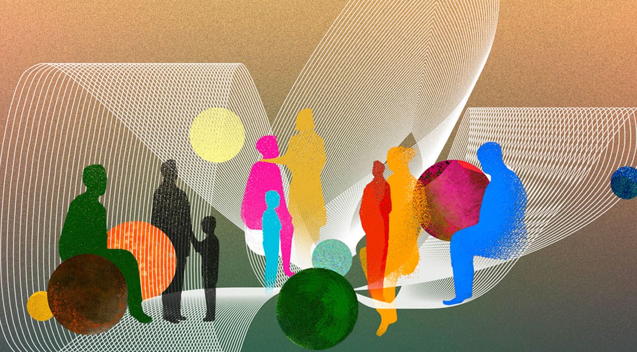 Illustration of multicolored figures with abstract shapes around them.