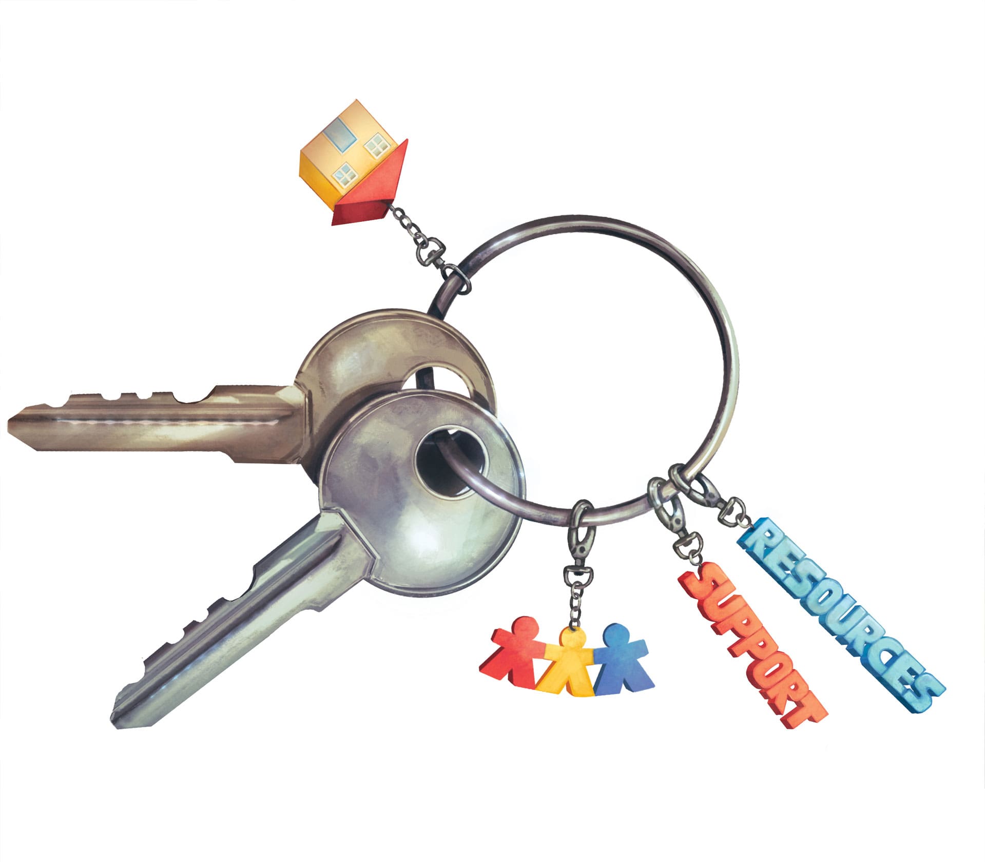 Illustration of keys on a key ring with keychains of a house, three stick figures holding hands, and the words "resources" and "support.