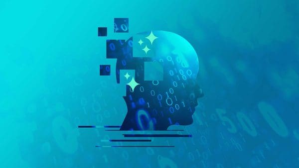 Collage of a silhouette of a head with binary numbers around it. The symbol for ai (the flat sparkles) is coming out of the head.