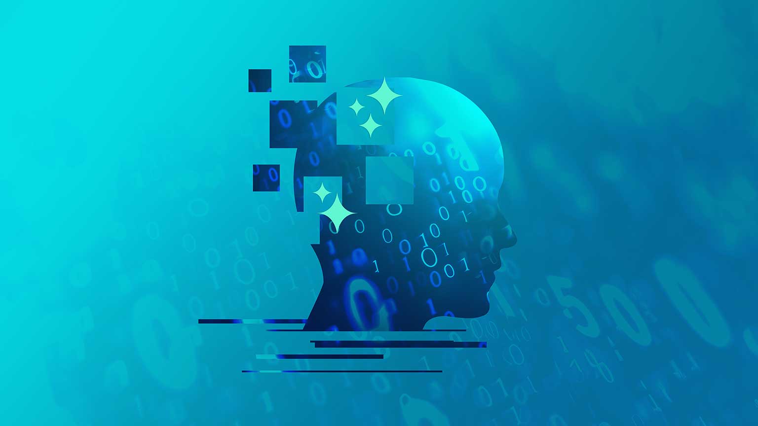 Collage of a silhouette of a head with binary numbers around it. The symbol for ai (the flat sparkles) is coming out of the head.