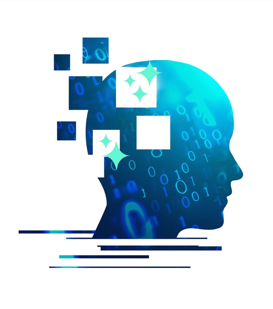 Collage of a silhouette of a head with binary numbers around it. The symbol for ai (the flat sparkles) is coming out of the head.