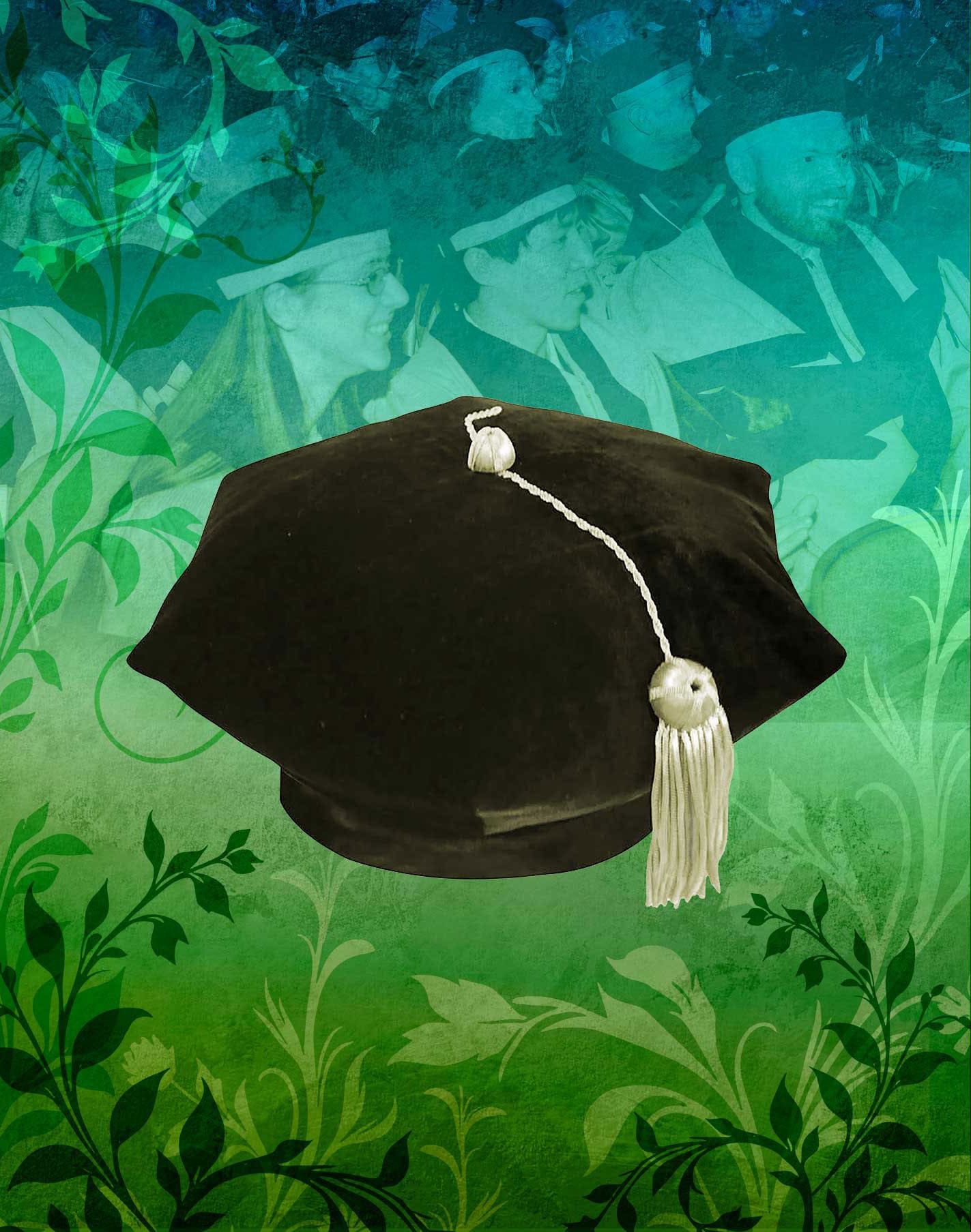 A PHD graduation cap on an illustrated green background with leaves.