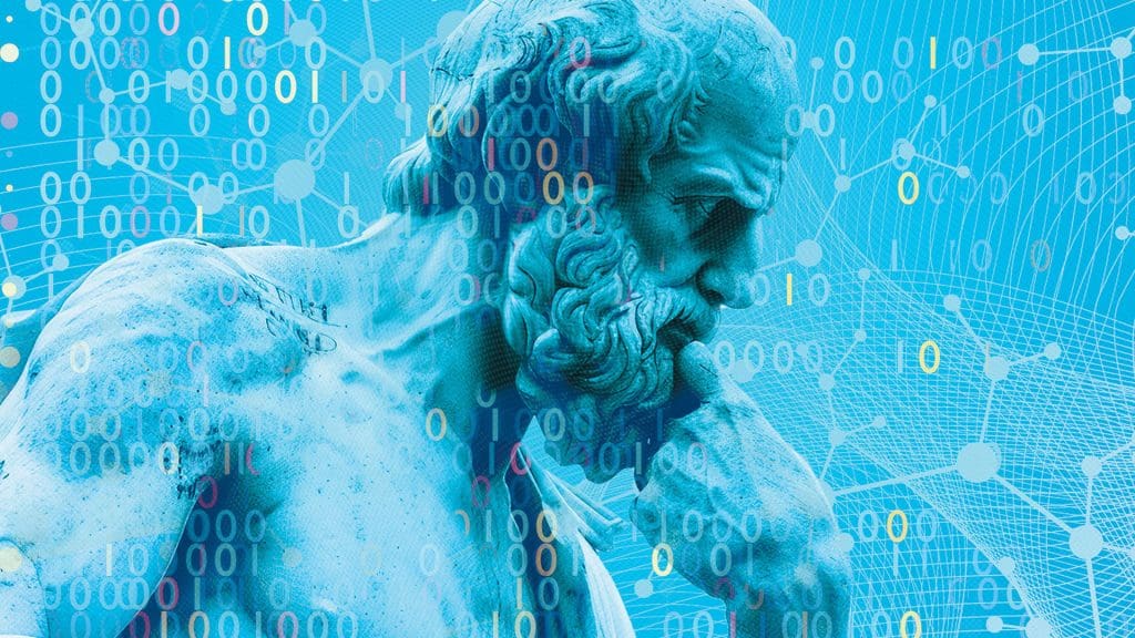 A thinking statue with binary numbers surrounding it.