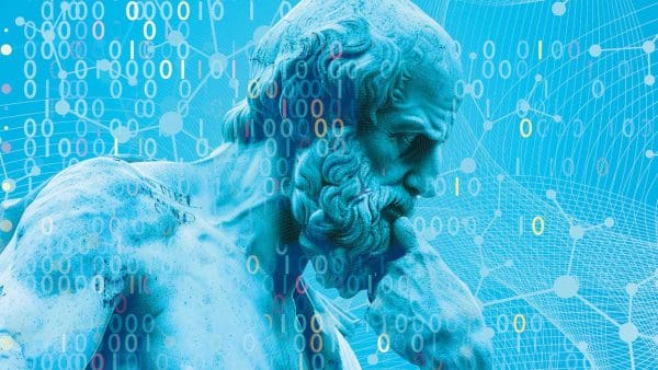 A thinking statue with binary numbers surrounding it.