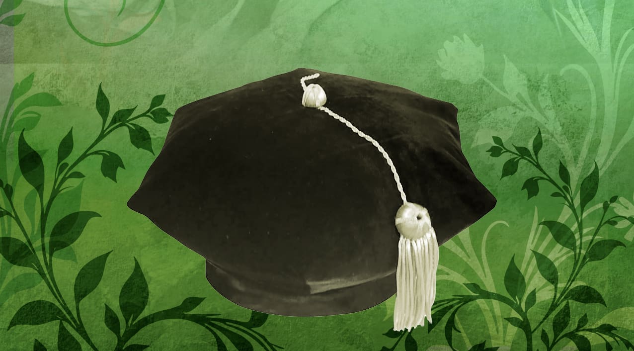 A PHD graduation cap on an illustrated green background with leaves.