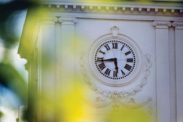 Closeup of the Gilman Hall Building clock