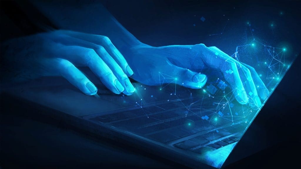 Illustration of hands typing on a laptop lit by the neon blue of the screen.