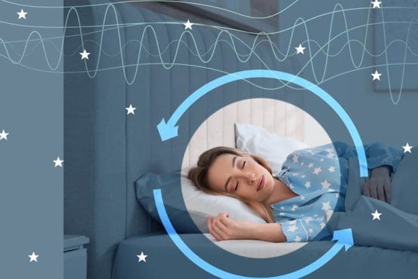 Person sleeping. A circle with arrows around it depicts the sleep cycle.