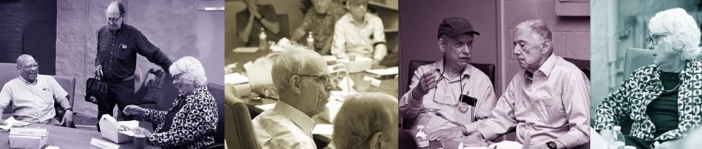 A row of 4 photos together with faculty talking and in discussion.