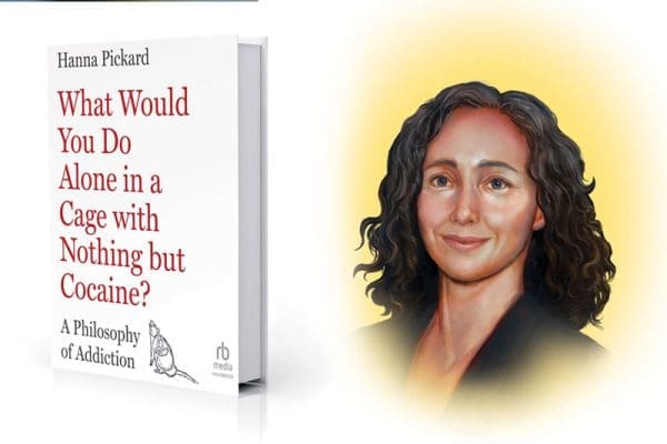 The book What Would You Do Alone in a Cage with Nothing but Cocaine? A Philosophy of Addiction by Hanna Pickard and an illustrated portrait of her next to it.